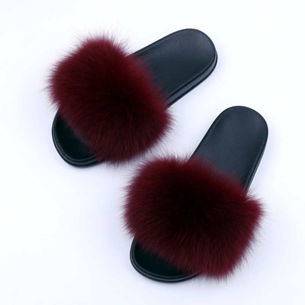 LAST • Luxury Fox Fur Oversized Pom Slides in Wine - Picture 1 of 2